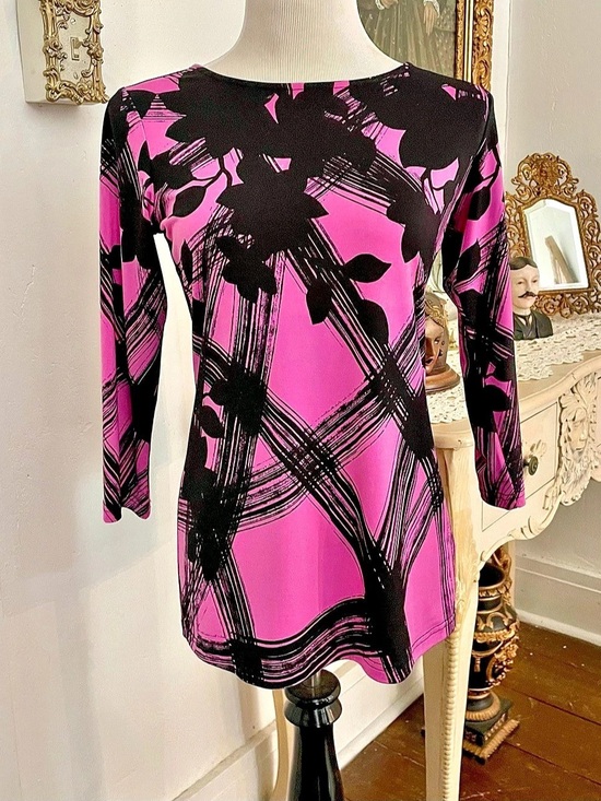 Bob Mackie Dresses & Skirts - Bob Mackie Wearable Art Pink Black Abstract Floral Brushstroke Top XXS